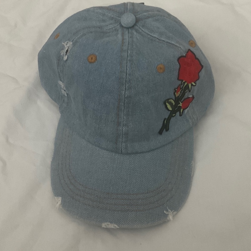 Mudd Denim Cap with Red Rose Embroidery